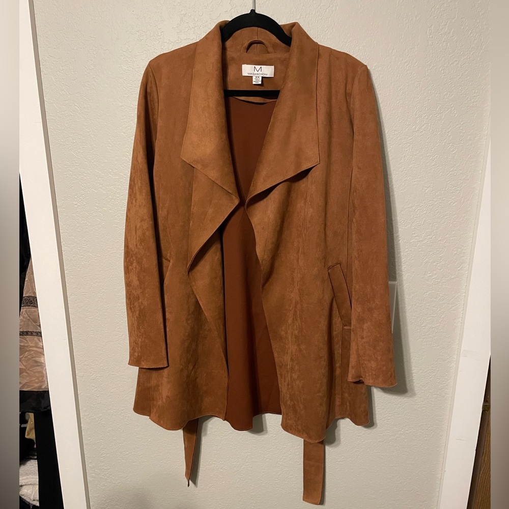 Magaschoni Faux Suede Waterfall Jacket Brown Open Front Belted Coat Medium